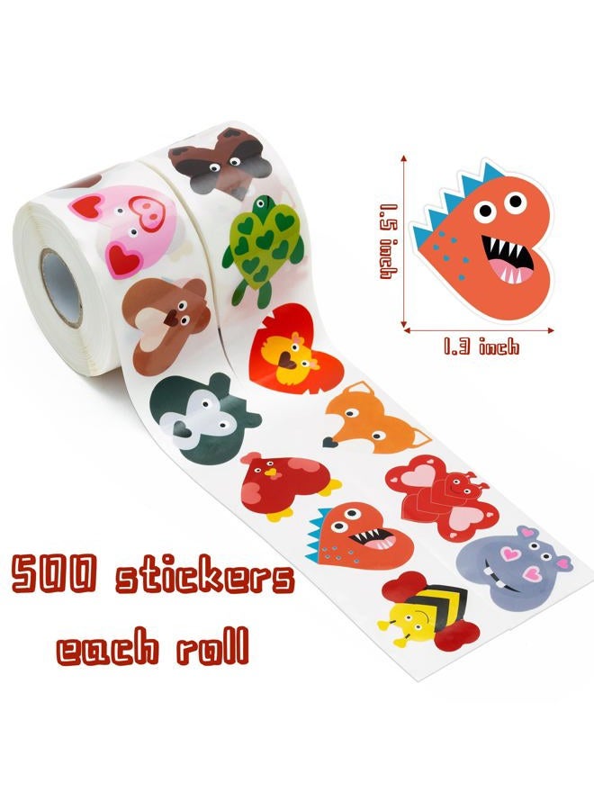 W1cwey 1000pcs Valentine's Day Animal Heart-Shaped Sticker Rolls (2 Rolls), 16 Designs Cute Animal Self-Adhesive Sticker for Kids Cartoon Bee Owl Pig Zebra Sticker Scrapbook Giftwrap Valentine's Decor - Image 2