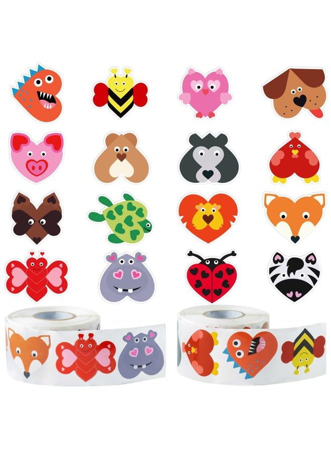 W1cwey 1000pcs Valentine's Day Animal Heart-Shaped Sticker Rolls (2 Rolls), 16 Designs Cute Animal Self-Adhesive Sticker for Kids Cartoon Bee Owl Pig Zebra Sticker Scrapbook Giftwrap Valentine's Decor - Image 1