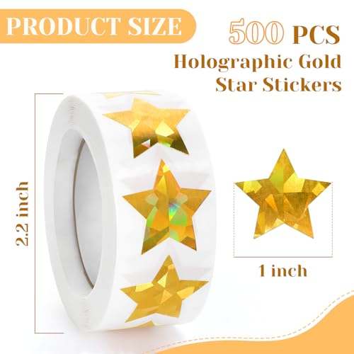 Imeepa 500 PCS Holographic Gold Star Stickers, 1 inch Self Adhesive Metallic Glitter Foil Stickers Sparkly Star Sticker Reward Behavior Chart Labels for Kids Students Teachers Supplies - Image 2