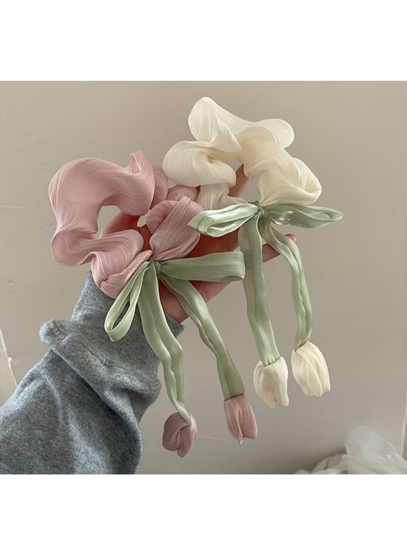 Pink Elegant Satin Scrunchie with  Tulip Bow Drop Design - Image 5
