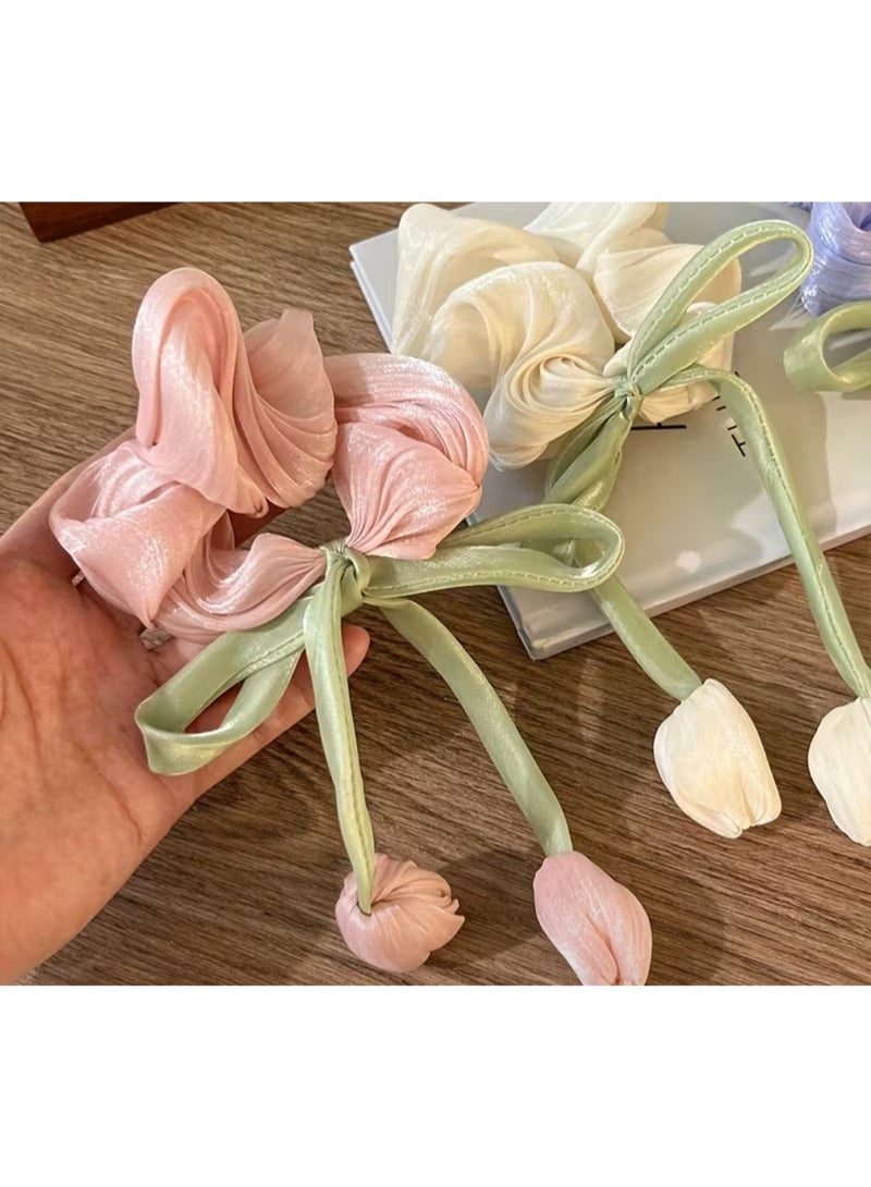 Pink Elegant Satin Scrunchie with  Tulip Bow Drop Design - Image 3