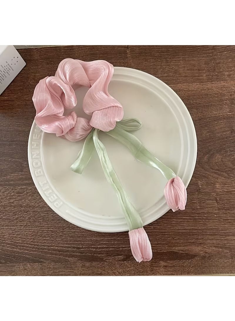 Pink Elegant Satin Scrunchie with  Tulip Bow Drop Design - Image 1