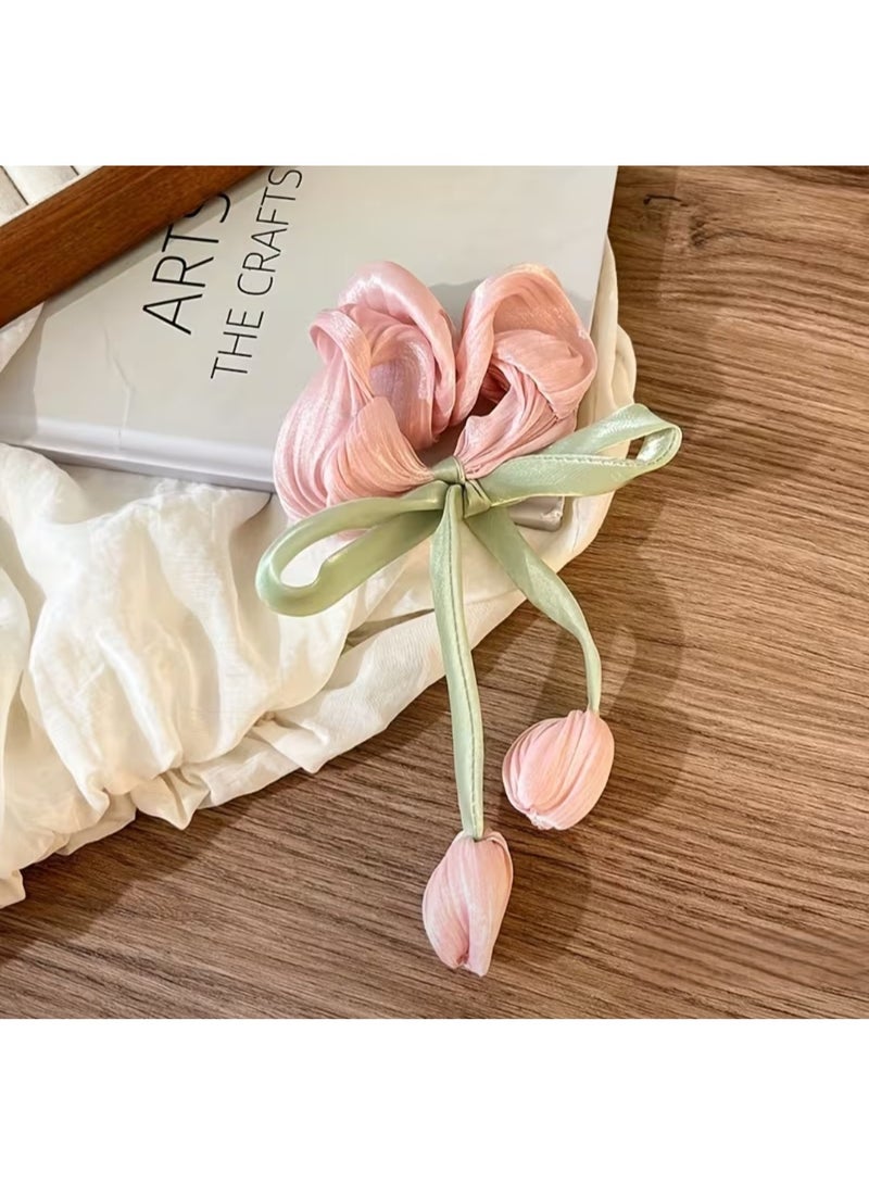 Pink Elegant Satin Scrunchie with  Tulip Bow Drop Design - Image 2