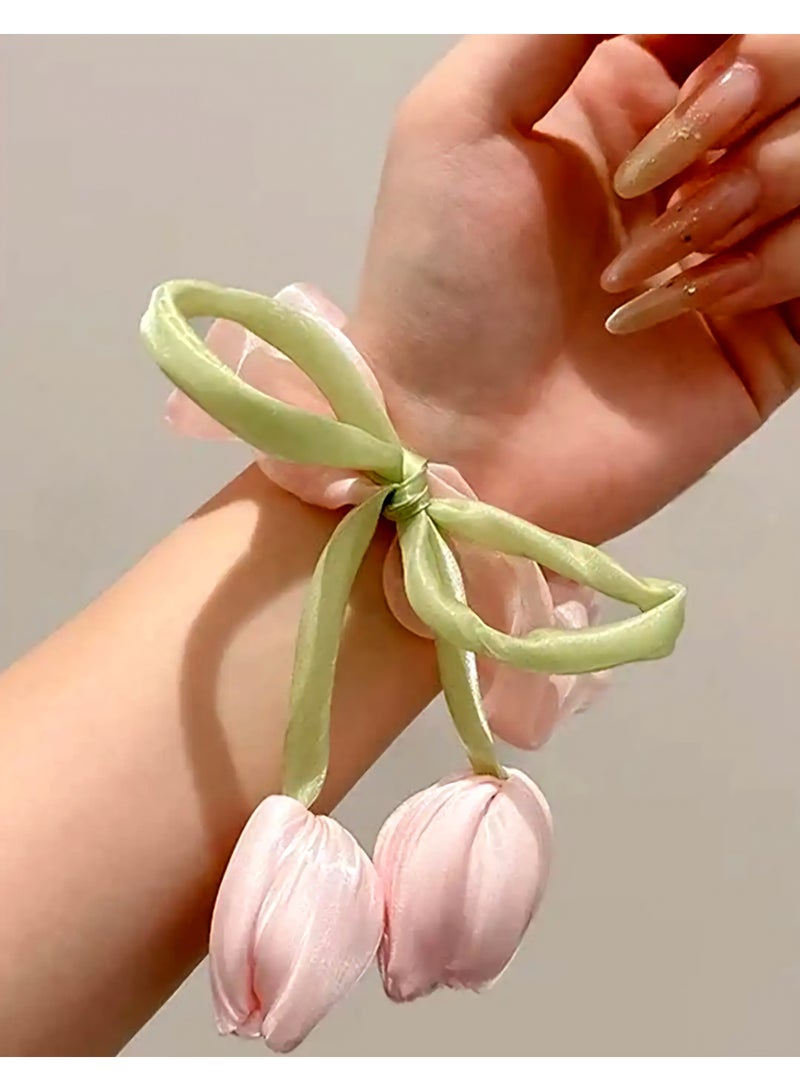 Pink Elegant Satin Scrunchie with  Tulip Bow Drop Design - Image 4