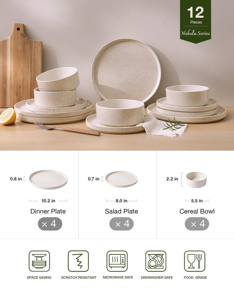 Famiware Nebula Plates and Bowls Sets, 12 Pieces Dinnerware Sets, Dishes Set for 4, Creamy White with Colorful Speckles - Image 2