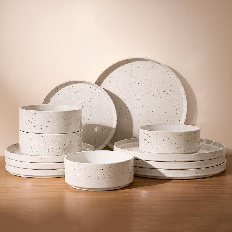 Famiware Nebula Plates and Bowls Sets, 12 Pieces Dinnerware Sets, Dishes Set for 4, Creamy White with Colorful Speckles - Image 1