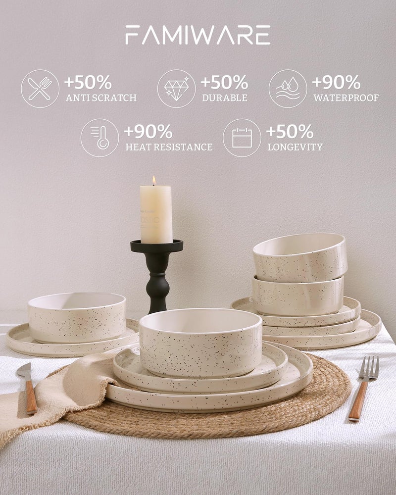 Famiware Nebula Plates and Bowls Sets, 12 Pieces Dinnerware Sets, Dishes Set for 4, Creamy White with Colorful Speckles - Image 4