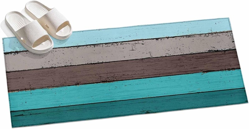 Hallway Runner Rug 2'x6', Retro Aqua Wood Washable Bathroom Area Rugs for Kitchen Bedroom Laundry, Rustic Distressed Grain Gradient Farm Non Slip Door Mat Indoor Entrance Floor Throw Bedsides Carpet - Image 3