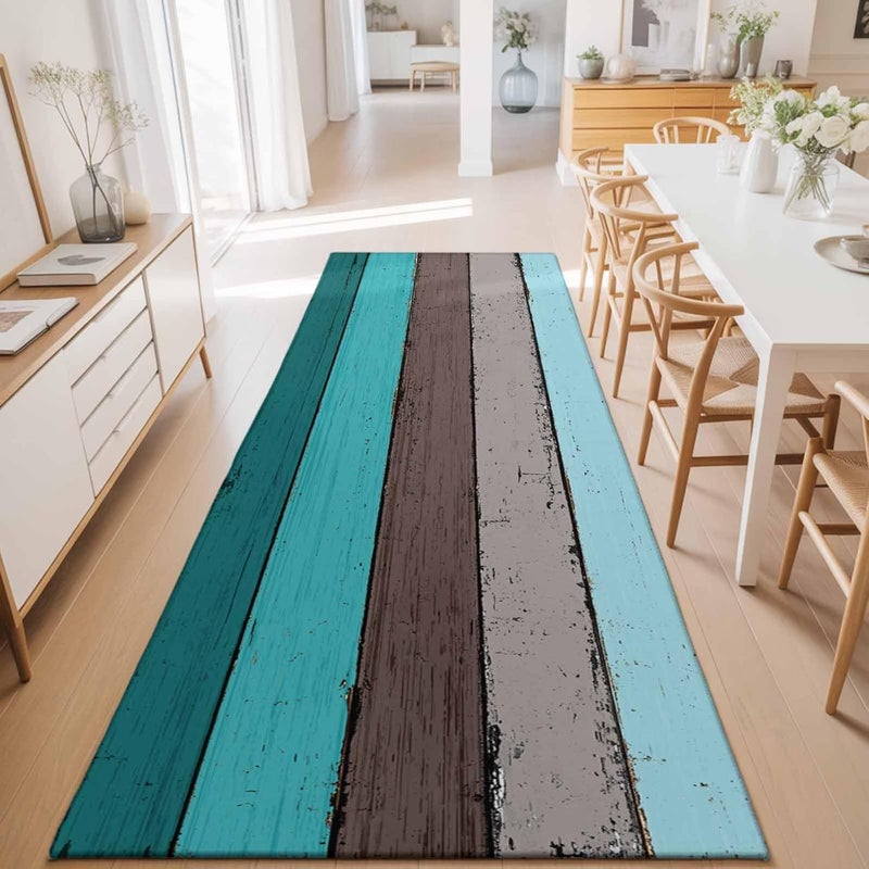 Hallway Runner Rug 2'x6', Retro Aqua Wood Washable Bathroom Area Rugs for Kitchen Bedroom Laundry, Rustic Distressed Grain Gradient Farm Non Slip Door Mat Indoor Entrance Floor Throw Bedsides Carpet - Image 5