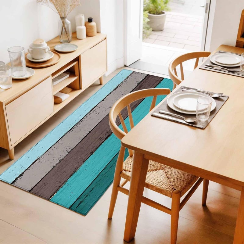 Hallway Runner Rug 2'x6', Retro Aqua Wood Washable Bathroom Area Rugs for Kitchen Bedroom Laundry, Rustic Distressed Grain Gradient Farm Non Slip Door Mat Indoor Entrance Floor Throw Bedsides Carpet - Image 4