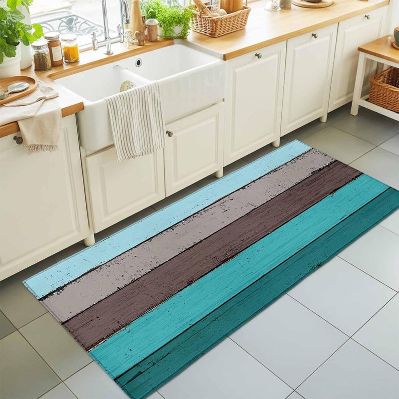 Hallway Runner Rug 2'x6', Retro Aqua Wood Washable Bathroom Area Rugs for Kitchen Bedroom Laundry, Rustic Distressed Grain Gradient Farm Non Slip Door Mat Indoor Entrance Floor Throw Bedsides Carpet - Image 1
