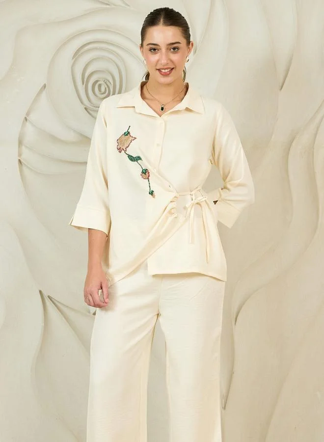 Athena Cream Beaded Detail Wrap Shirt and Pants Co-ords