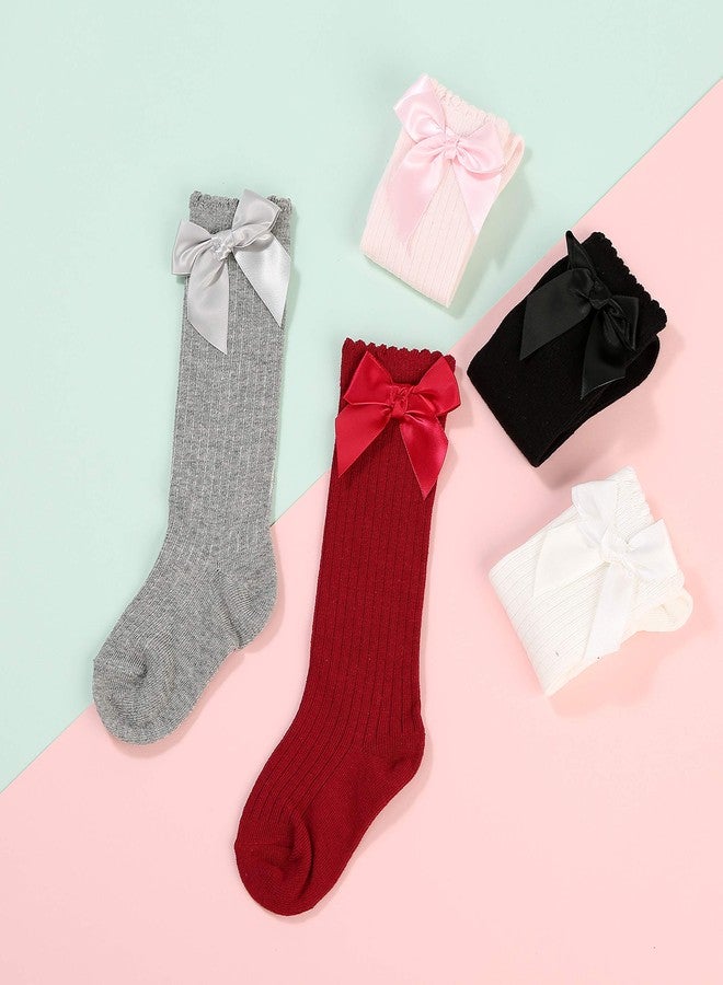 BSMTEBN 5Pairs Baby Kids Cotton Soft Knee-High Over Calf Socks Girls Striped Bowknot Bow Socks Newborn Leg Warmers Stockings, White,pink,grey,red,black(5colors Mixed), 2-4T - Image 3