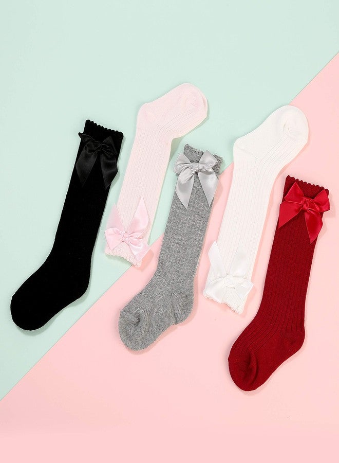 BSMTEBN 5Pairs Baby Kids Cotton Soft Knee-High Over Calf Socks Girls Striped Bowknot Bow Socks Newborn Leg Warmers Stockings, White,pink,grey,red,black(5colors Mixed), 2-4T - Image 2
