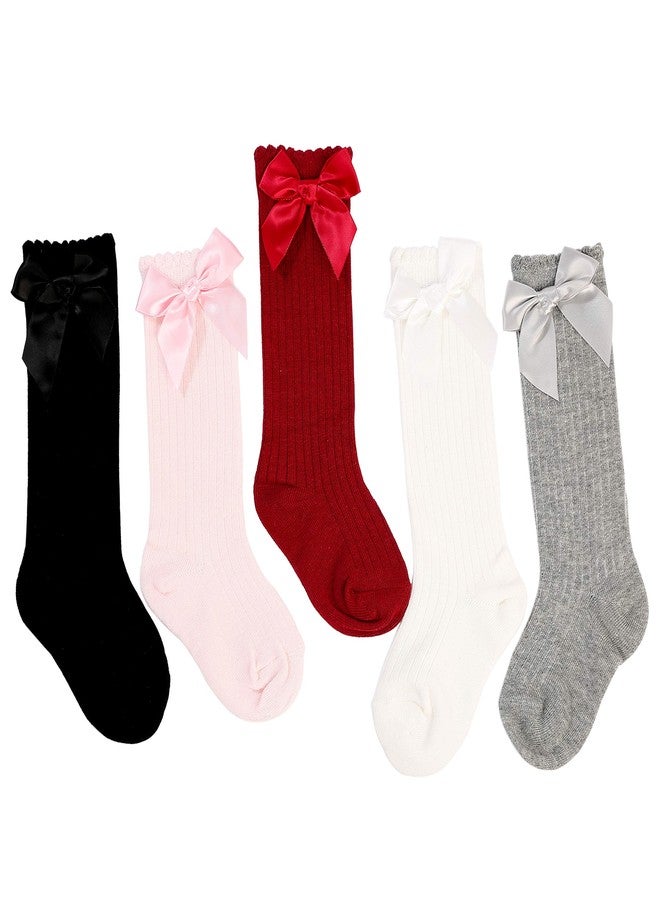BSMTEBN 5Pairs Baby Kids Cotton Soft Knee-High Over Calf Socks Girls Striped Bowknot Bow Socks Newborn Leg Warmers Stockings, White,pink,grey,red,black(5colors Mixed), 2-4T - Image 1