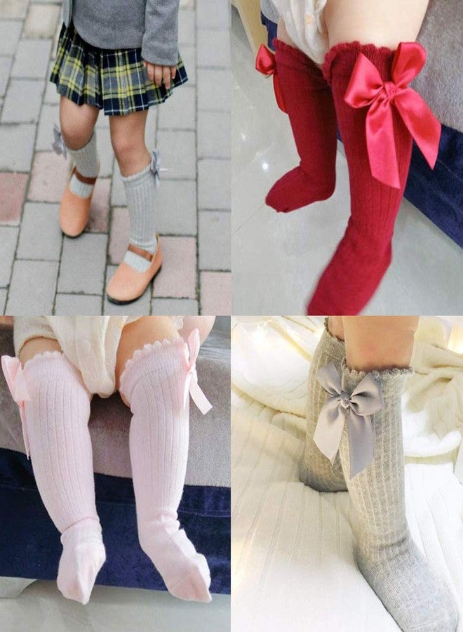 BSMTEBN 5Pairs Baby Kids Cotton Soft Knee-High Over Calf Socks Girls Striped Bowknot Bow Socks Newborn Leg Warmers Stockings, White,pink,grey,red,black(5colors Mixed), 2-4T - Image 5