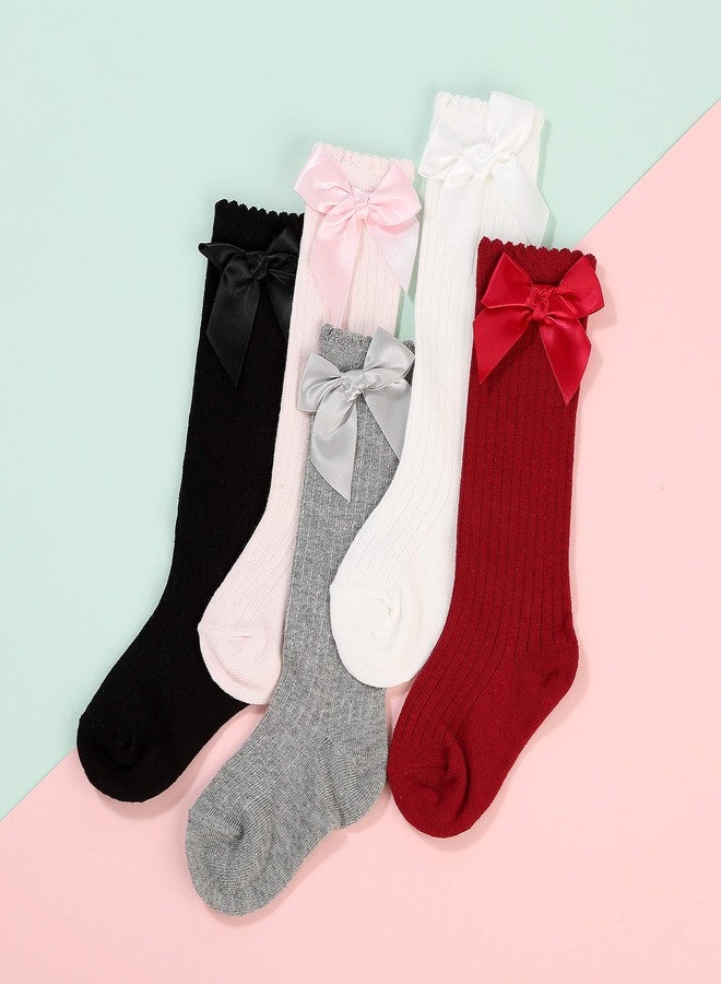 BSMTEBN 5Pairs Baby Kids Cotton Soft Knee-High Over Calf Socks Girls Striped Bowknot Bow Socks Newborn Leg Warmers Stockings, White,pink,grey,red,black(5colors Mixed), 2-4T - Image 4