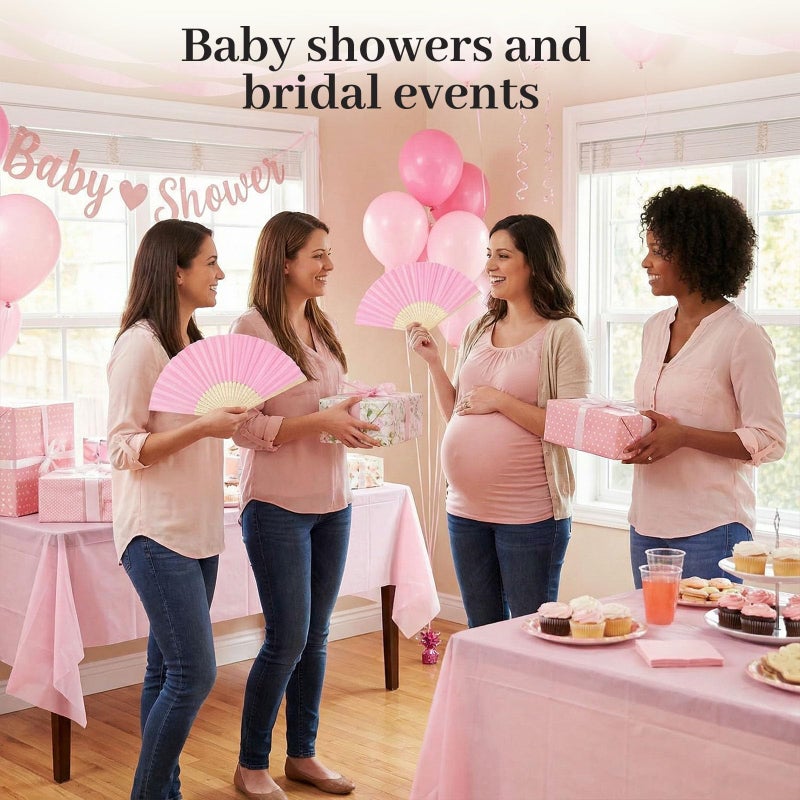 JOHOUSE 12 PCS Paper Folding Hand Fans, 8.3 Inch Pink Paper Fans Handheld Portable for Wedding, Party Favors, Bridal Baby Shower DIY Crafts Pink Party Decorations Valentine's day gifts for class - Image 3