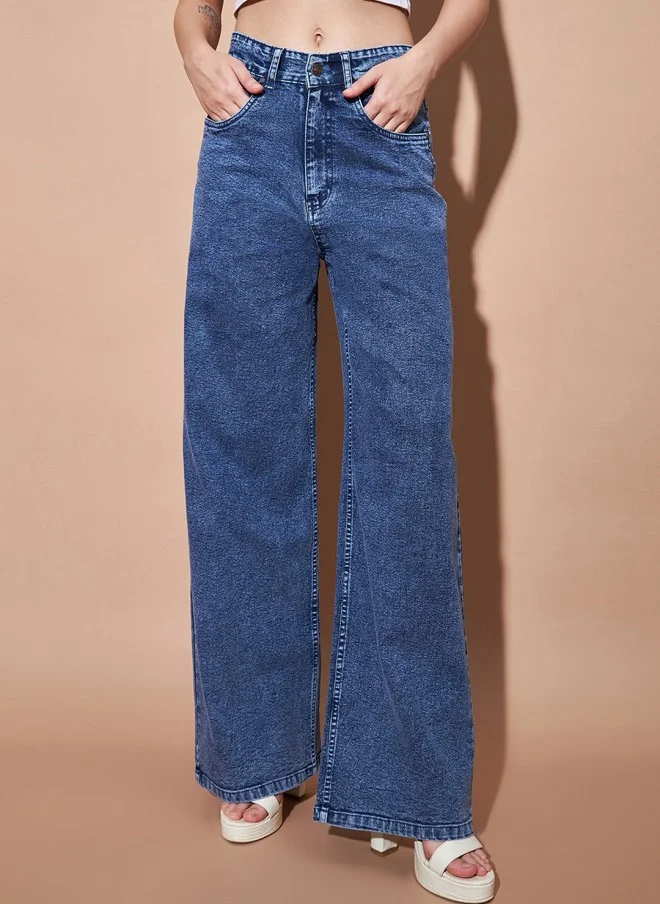 SASSAFRAS High-Rise Medium Blue Straight Fit Jeans for Women