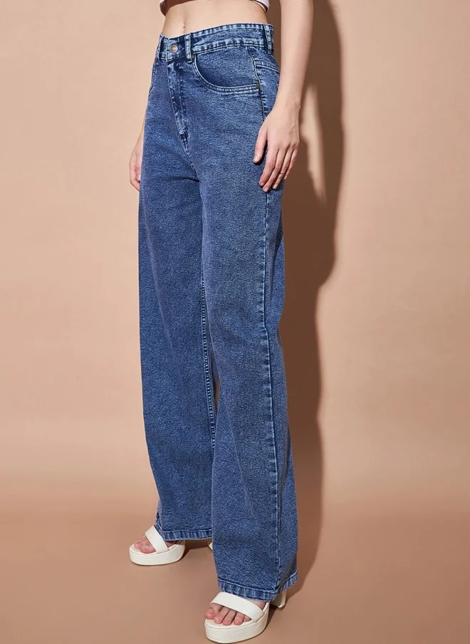 SASSAFRAS High-Rise Medium Blue Straight Fit Jeans for Women