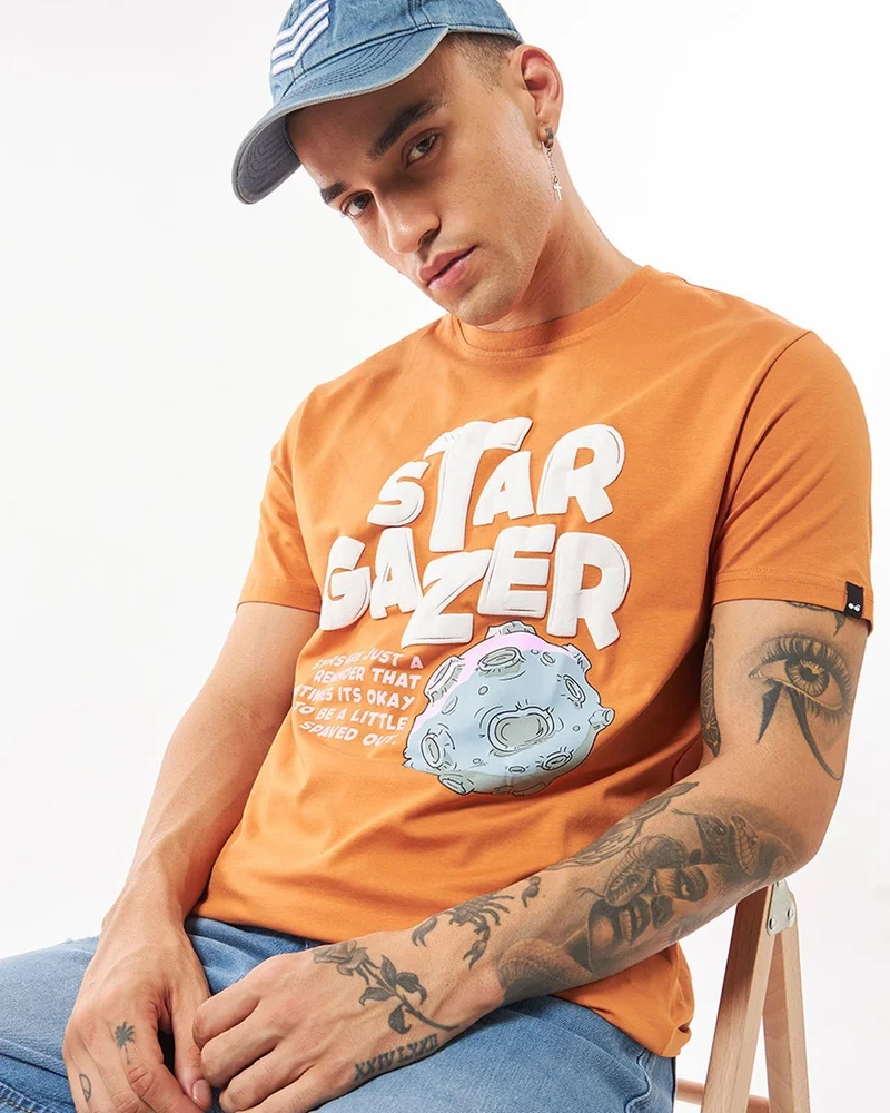 bewakoof Men's Orange Stargazer Graphic Printed T-shirt