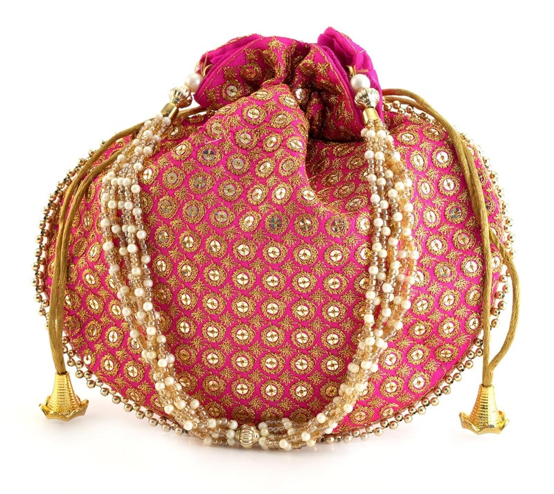 SUMERA WARQ Potli Bag Golden work wedding potli for ladies Gift for women handbags traditional Indian Wristlet with Drawstring Ethnic Embroidery Fashion Potli. - Image 1