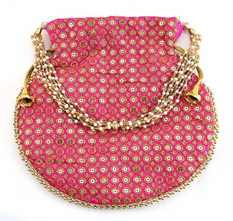 SUMERA WARQ Potli Bag Golden work wedding potli for ladies Gift for women handbags traditional Indian Wristlet with Drawstring Ethnic Embroidery Fashion Potli. - Image 4