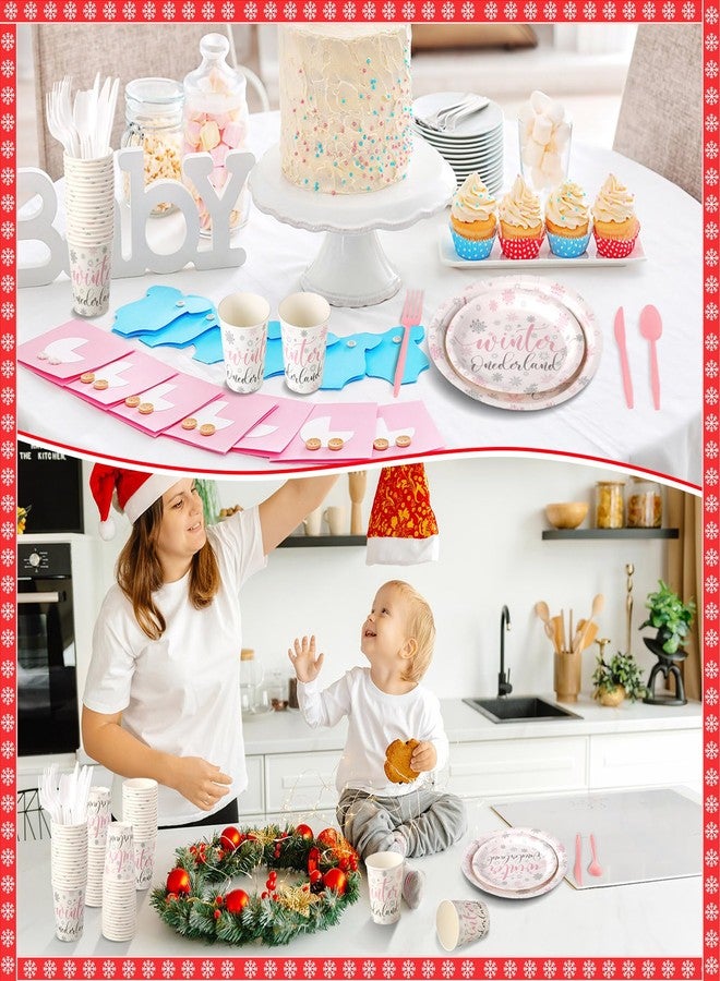 Hsei 324 Pcs Winter Wonderland 1st Birthday Party Supplies - Pink and Silver Snowflake Plates and Napkins Set - Disposable Tableware Dinnerware - Image 5