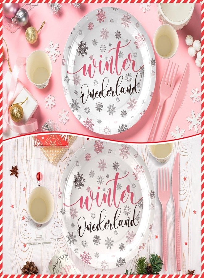 Hsei 324 Pcs Winter Wonderland 1st Birthday Party Supplies - Pink and Silver Snowflake Plates and Napkins Set - Disposable Tableware Dinnerware - Image 3
