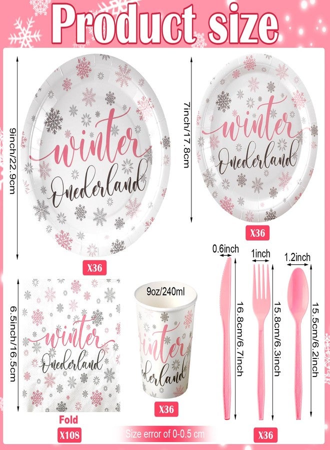 Hsei 324 Pcs Winter Wonderland 1st Birthday Party Supplies - Pink and Silver Snowflake Plates and Napkins Set - Disposable Tableware Dinnerware - Image 2