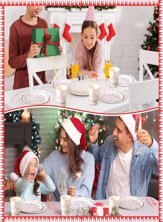 Hsei 324 Pcs Winter Wonderland 1st Birthday Party Supplies - Pink and Silver Snowflake Plates and Napkins Set - Disposable Tableware Dinnerware - Image 4