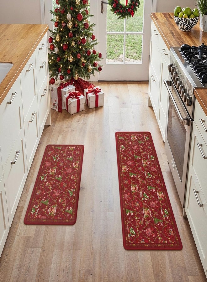 GENIMO Christmas Decorations - Kitchen Mats for Floor, 2PCS Christmas Kitchen Rugs, Cushioned Anti Fatigue Mat for Home Decor, Waterproof Non Slip Standing Mat for Laundry, 17.3"x47"+17.3"x30", Red - Image 1