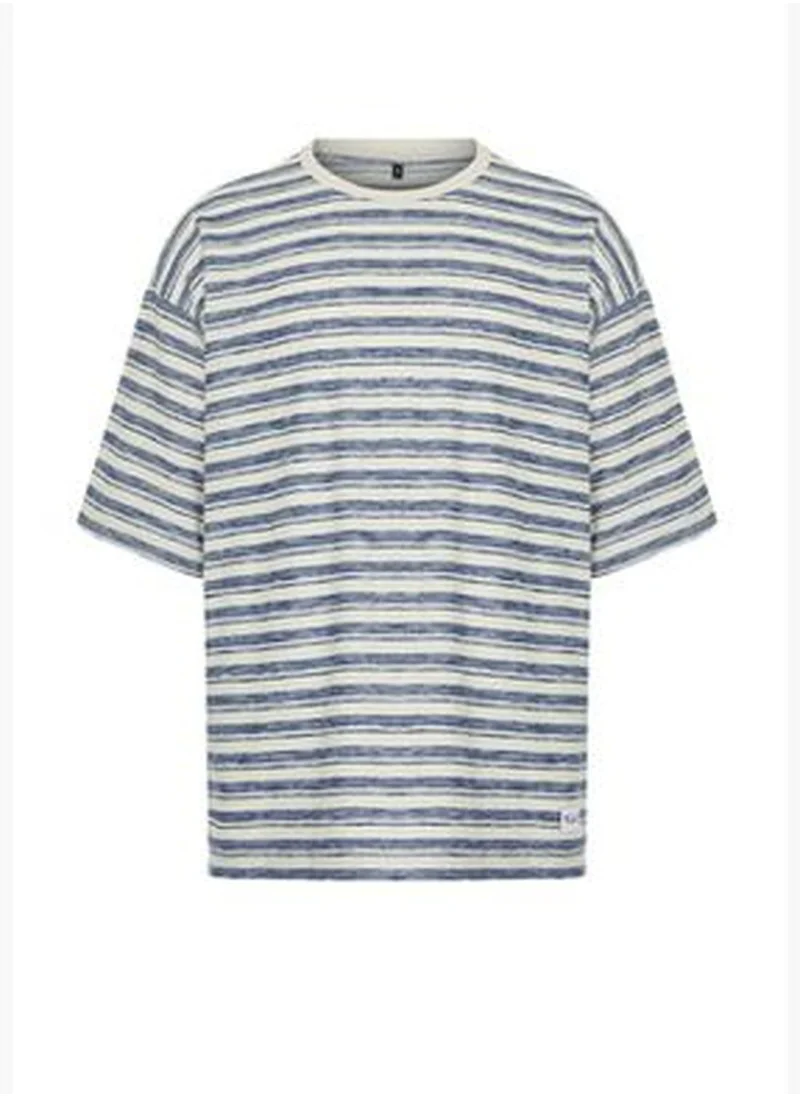 trendyol Men's Blue Oversize/Wide-Fit Striped Label Short Sleeve Textured Linen-Cotton T-Shirt