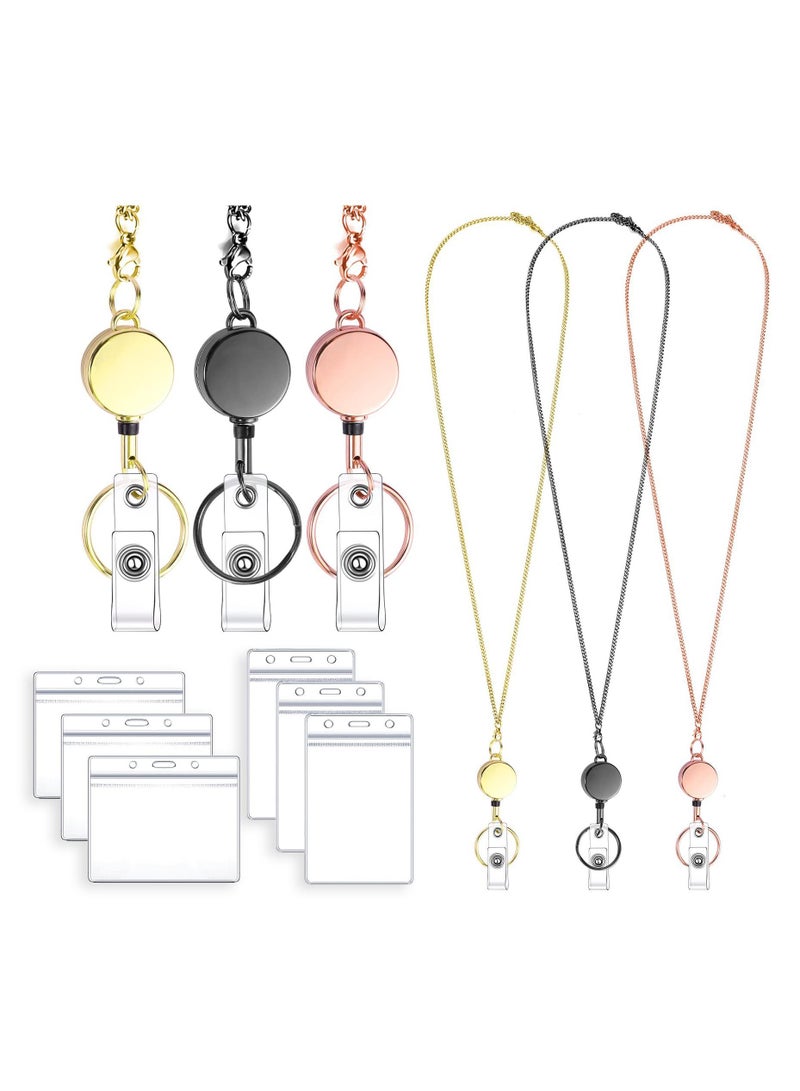 Sweet seven Stylish 3-Pack Badge Lanyards with 6 Badge Holders - Perfect Mother's Day Gift for Women, Men, and Girls - Retractable ID Badge Lanyards in Rose Gold and Gold and Gun Black  - Image 1