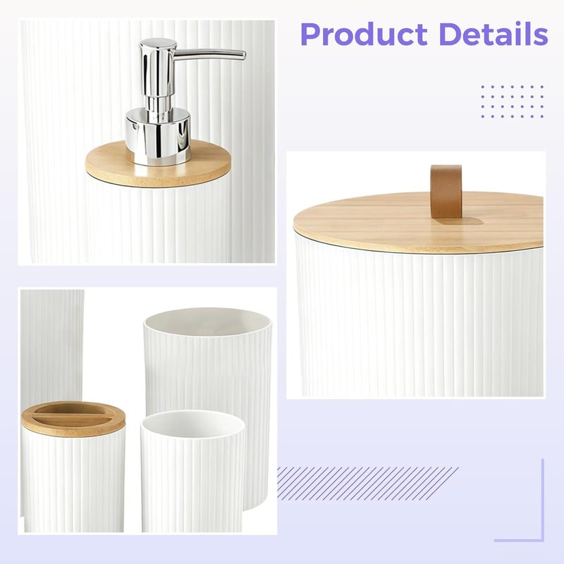 6 Pcs Bathroom Accessories Set, White Decor with Wood Lid, Toilet Brush, Toothbrush Holder, Soap Dispenser, Complete Modern Set for Home Hotel Restroom - Image 2