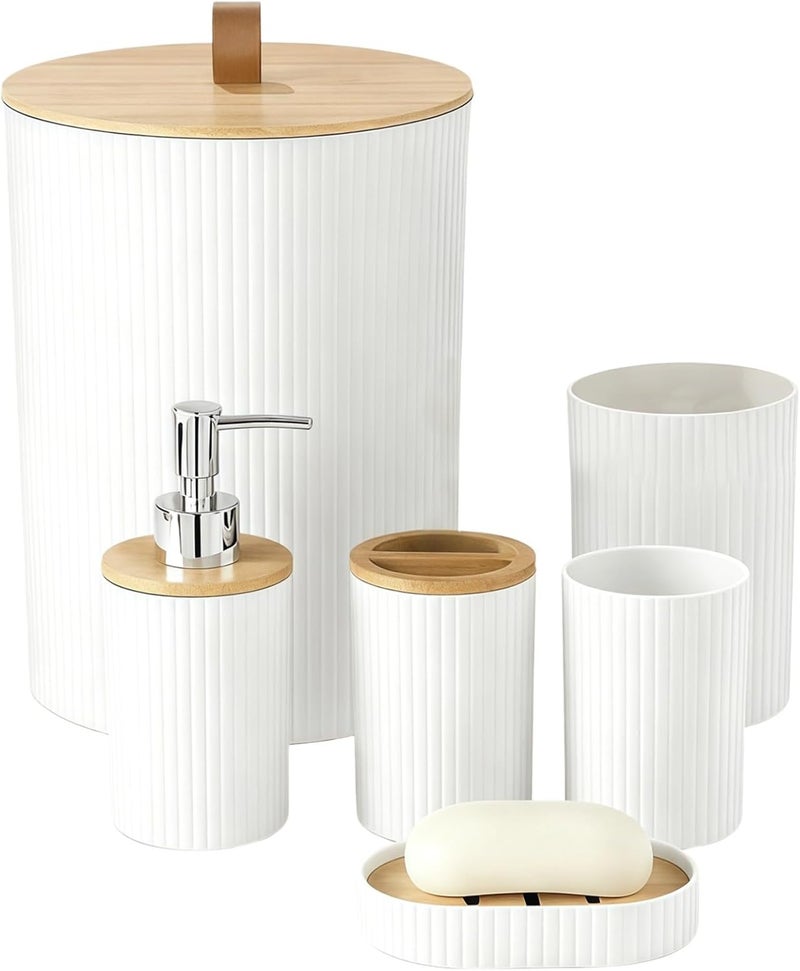 6 Pcs Bathroom Accessories Set, White Decor with Wood Lid, Toilet Brush, Toothbrush Holder, Soap Dispenser, Complete Modern Set for Home Hotel Restroom - Image 1