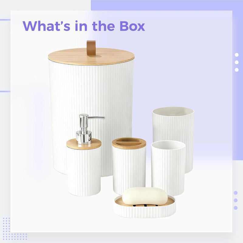 6 Pcs Bathroom Accessories Set, White Decor with Wood Lid, Toilet Brush, Toothbrush Holder, Soap Dispenser, Complete Modern Set for Home Hotel Restroom - Image 5