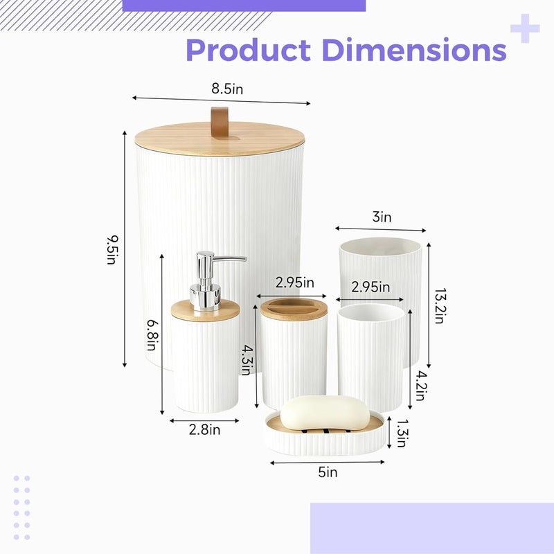 6 Pcs Bathroom Accessories Set, White Decor with Wood Lid, Toilet Brush, Toothbrush Holder, Soap Dispenser, Complete Modern Set for Home Hotel Restroom - Image 4