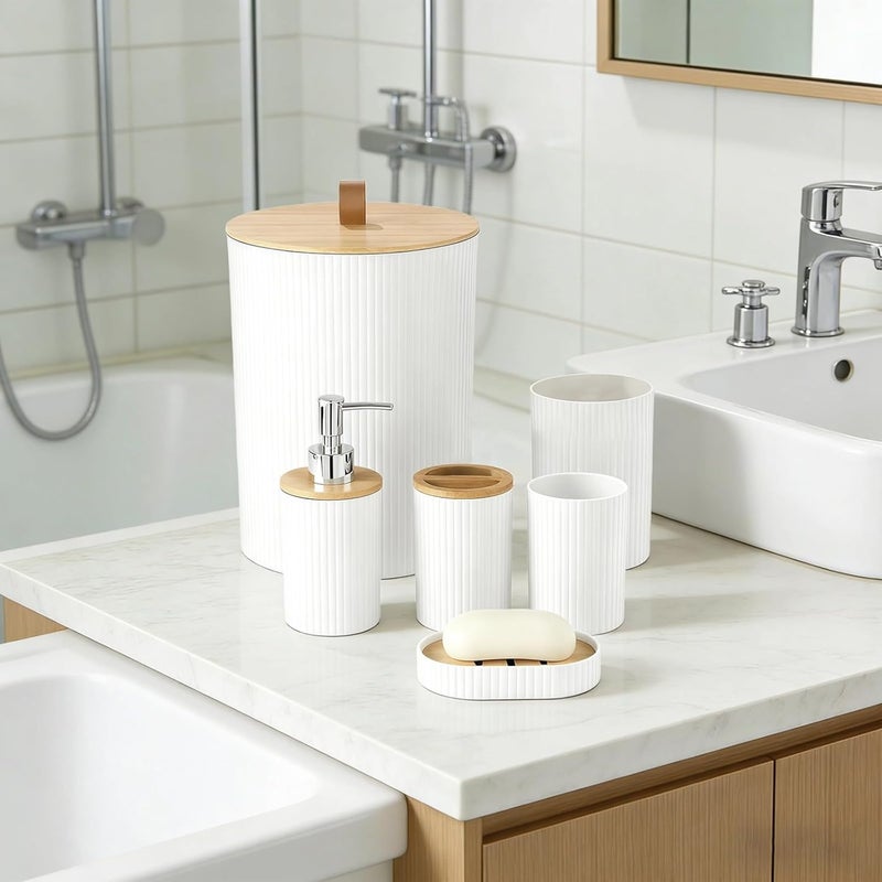6 Pcs Bathroom Accessories Set, White Decor with Wood Lid, Toilet Brush, Toothbrush Holder, Soap Dispenser, Complete Modern Set for Home Hotel Restroom - Image 3