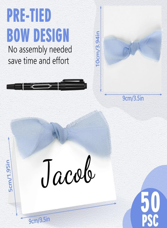 Marspark 50 Pcs Bow Place Cards for Table Setting Printable 2x3.5in Tent Name Cards Blank Fillable Buffet Food Labels with Pen for Baby Shower Wedding Christmas Table Dinner Birthday Fall Parties(Blue) - Image 2