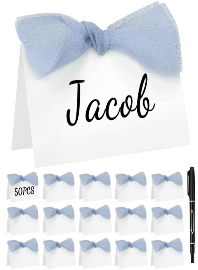 Marspark 50 Pcs Bow Place Cards for Table Setting Printable 2x3.5in Tent Name Cards Blank Fillable Buffet Food Labels with Pen for Baby Shower Wedding Christmas Table Dinner Birthday Fall Parties(Blue) - Image 1