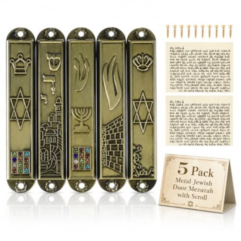 SHINEOFI 5 Pack Metal Jewish Door Mezuzah with Scroll, Vintage Mezuzahs Case Set Easy Install Jewish Home Blessing Religious Decor for Indoor and Outdoor House Warming Blessing - Image 1
