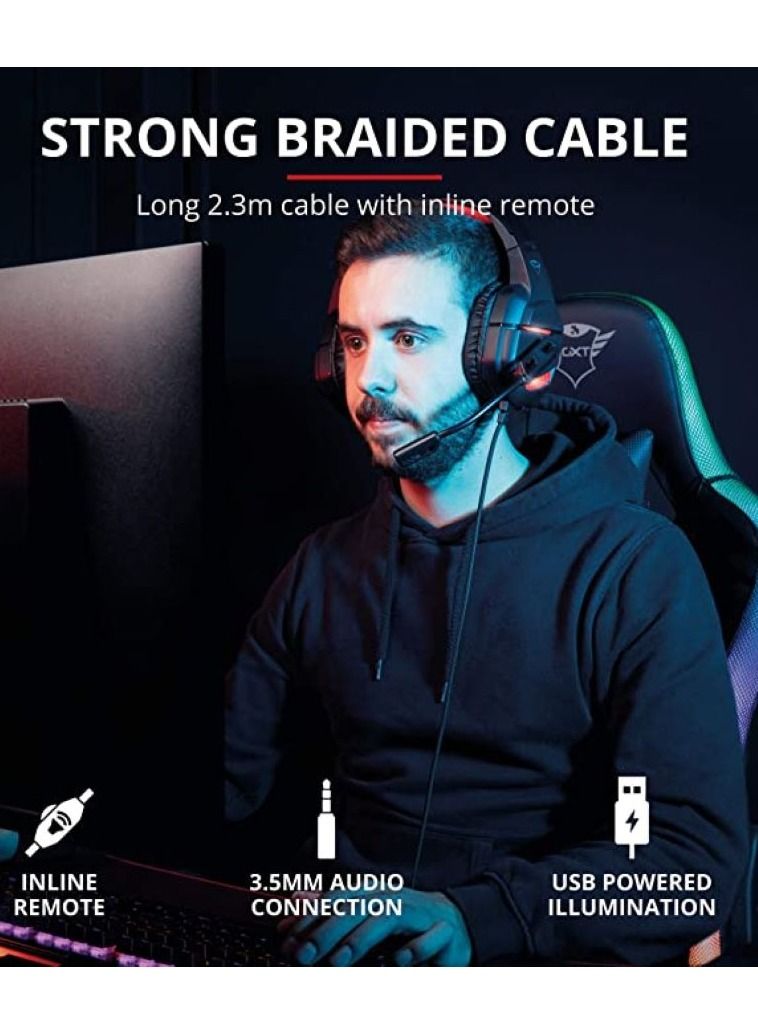 Trust Gaming Headset for PC/Laptop GXT 448 Nixxo LED illuminated Headset with Mic Soft Comfortable Over-Ear Cushions Fold-away Flexible Microphone USB 3.5 mm Jack Black