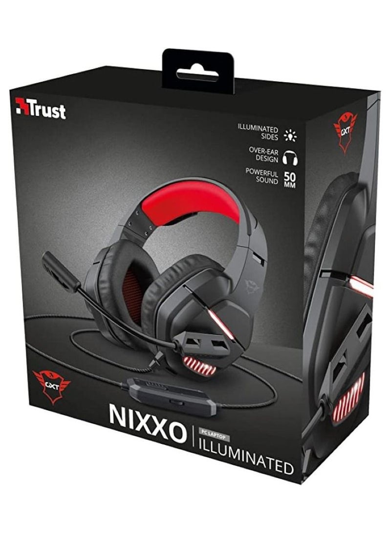 Trust Gaming Headset for PC/Laptop GXT 448 Nixxo LED illuminated Headset with Mic Soft Comfortable Over-Ear Cushions Fold-away Flexible Microphone USB 3.5 mm Jack Black