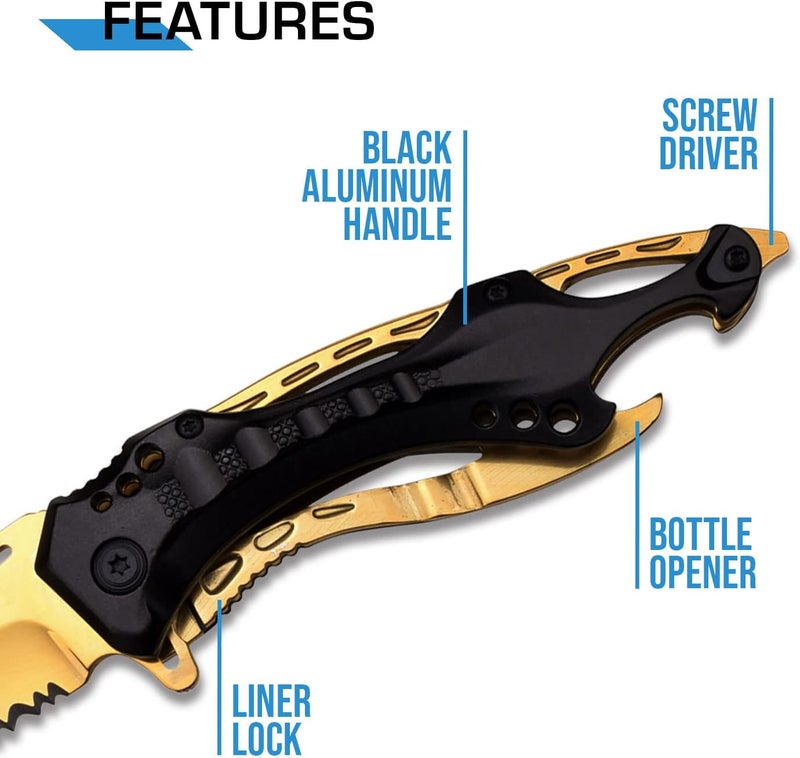 MTECH USA Folding Knife, 3.75-Inch Half-Serrated Blade, Titanium Coating, Glass Breaker, Pocket Clip - Image 4