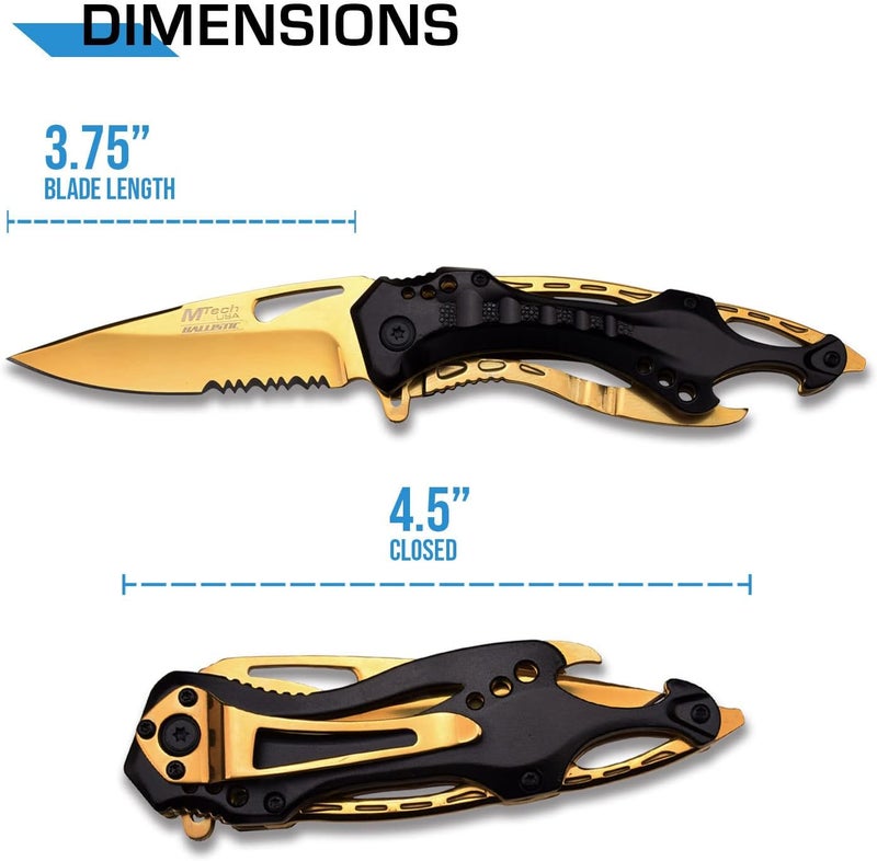 MTECH USA Folding Knife, 3.75-Inch Half-Serrated Blade, Titanium Coating, Glass Breaker, Pocket Clip - Image 2