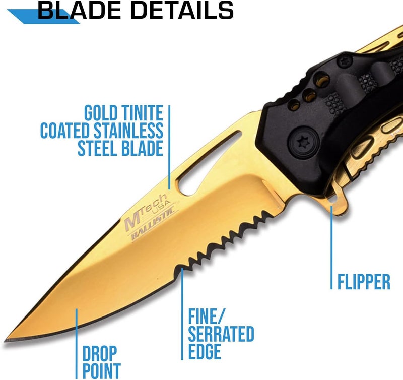 MTECH USA Folding Knife, 3.75-Inch Half-Serrated Blade, Titanium Coating, Glass Breaker, Pocket Clip - Image 3