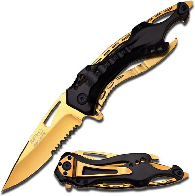 MTECH USA Folding Knife, 3.75-Inch Half-Serrated Blade, Titanium Coating, Glass Breaker, Pocket Clip - Image 1