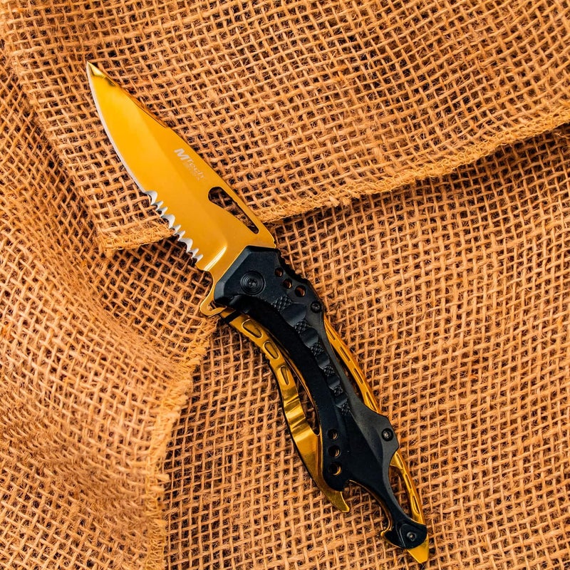 MTECH USA Folding Knife, 3.75-Inch Half-Serrated Blade, Titanium Coating, Glass Breaker, Pocket Clip - Image 5