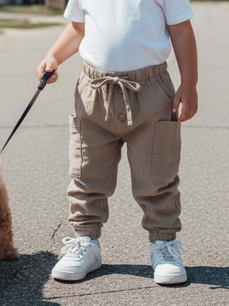 Baby Boys Pants Elastic Waist Solid Color Jogger Pants Casual Cargo Trousers with Pockets - Image 1
